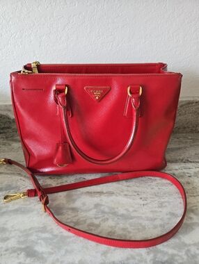 Authentic Prada Red Saffiano Patent Leather Satchel with Gold Hardware Handbag